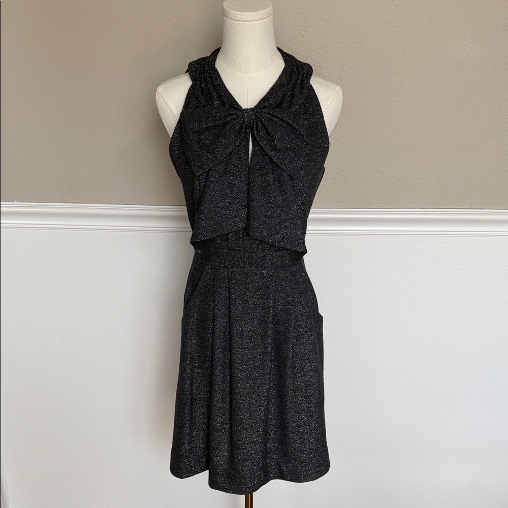 Kate Spade Sleeveless Metallic Black Bow-Front Party Dress with pockets